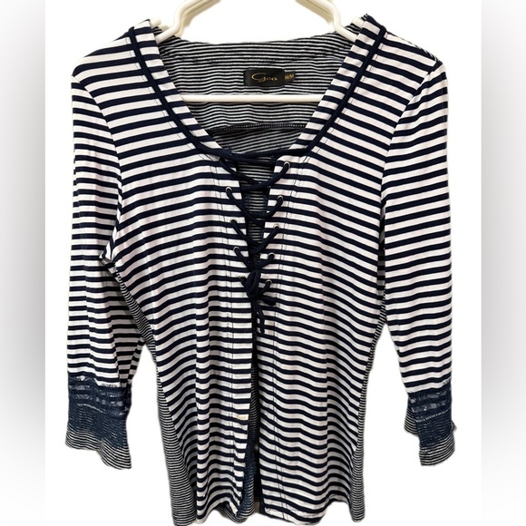 Blue and White Fitted Blouse with Sailor Collar and Tie Front - Picture 1 of 5